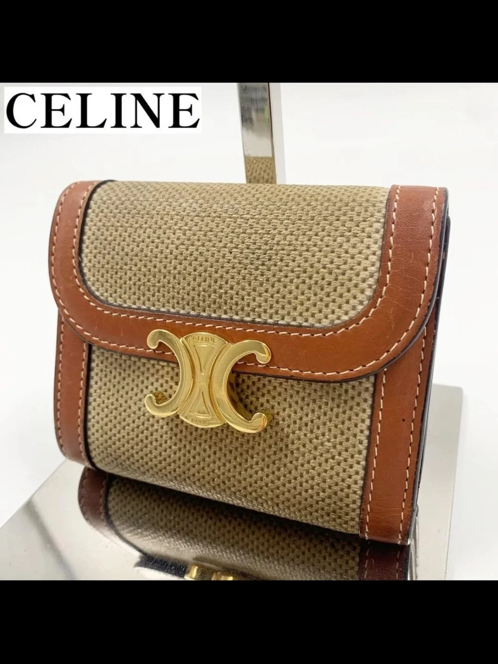 Celine Tan Leather-Trim Canvas Triomphe Wallet with Gold Hardware